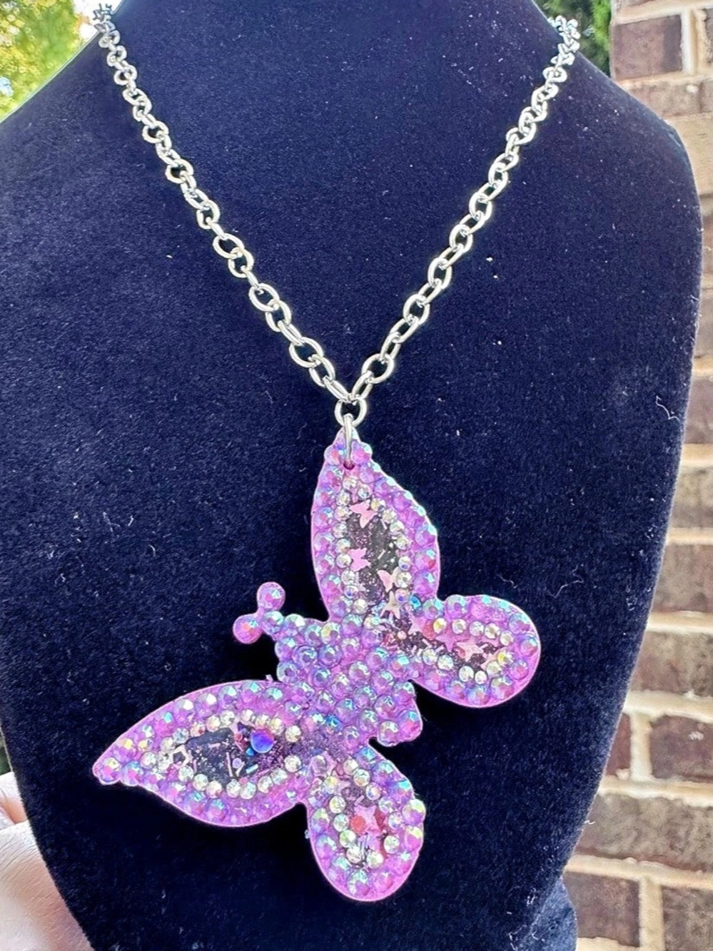 Butterfly Rhinestone Pendant Necklace in Pink & Purple handmade